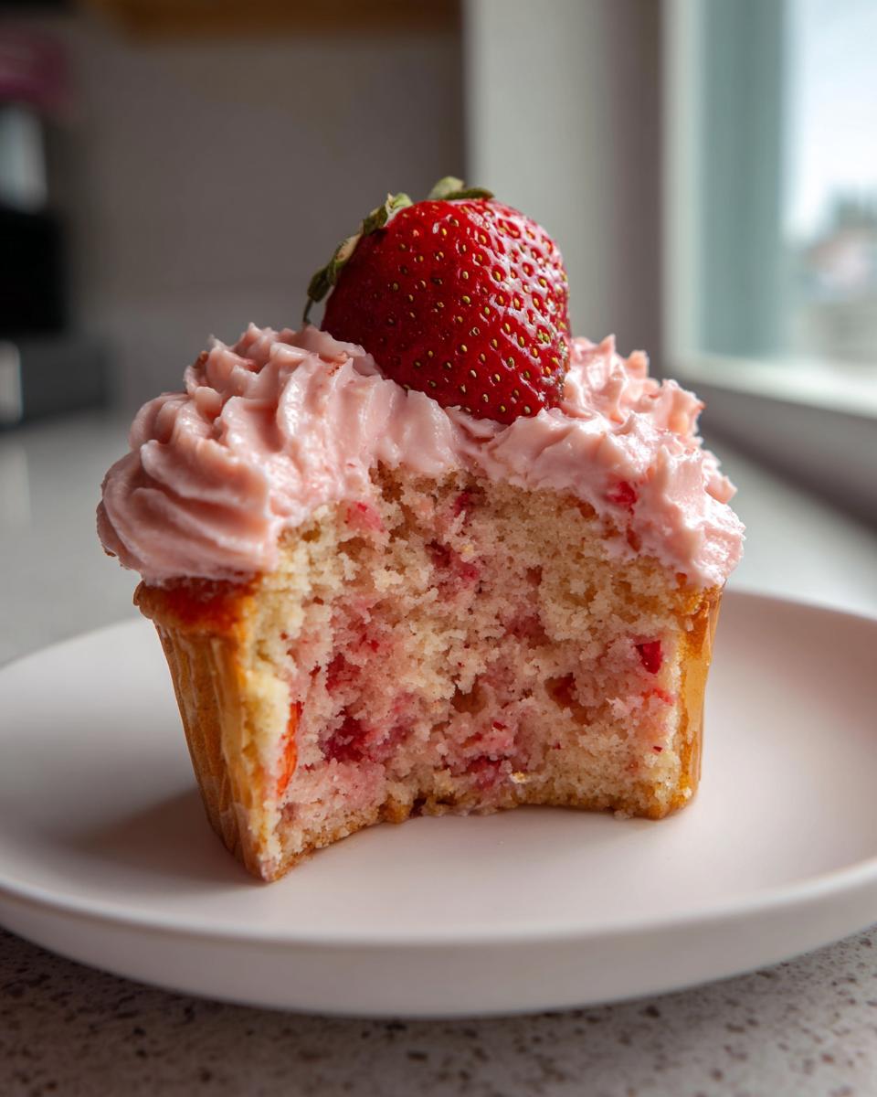 A cross-section view of a moist strawberry cupcakes showing pink cake with fruit pieces, topped with pink frosting and a fresh strawberry.