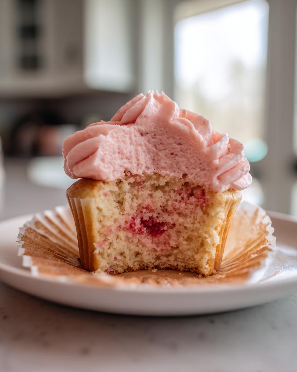 Close-up of a strawberry cupcakes cut in half showing pink frosting and berry filling inside the cake.