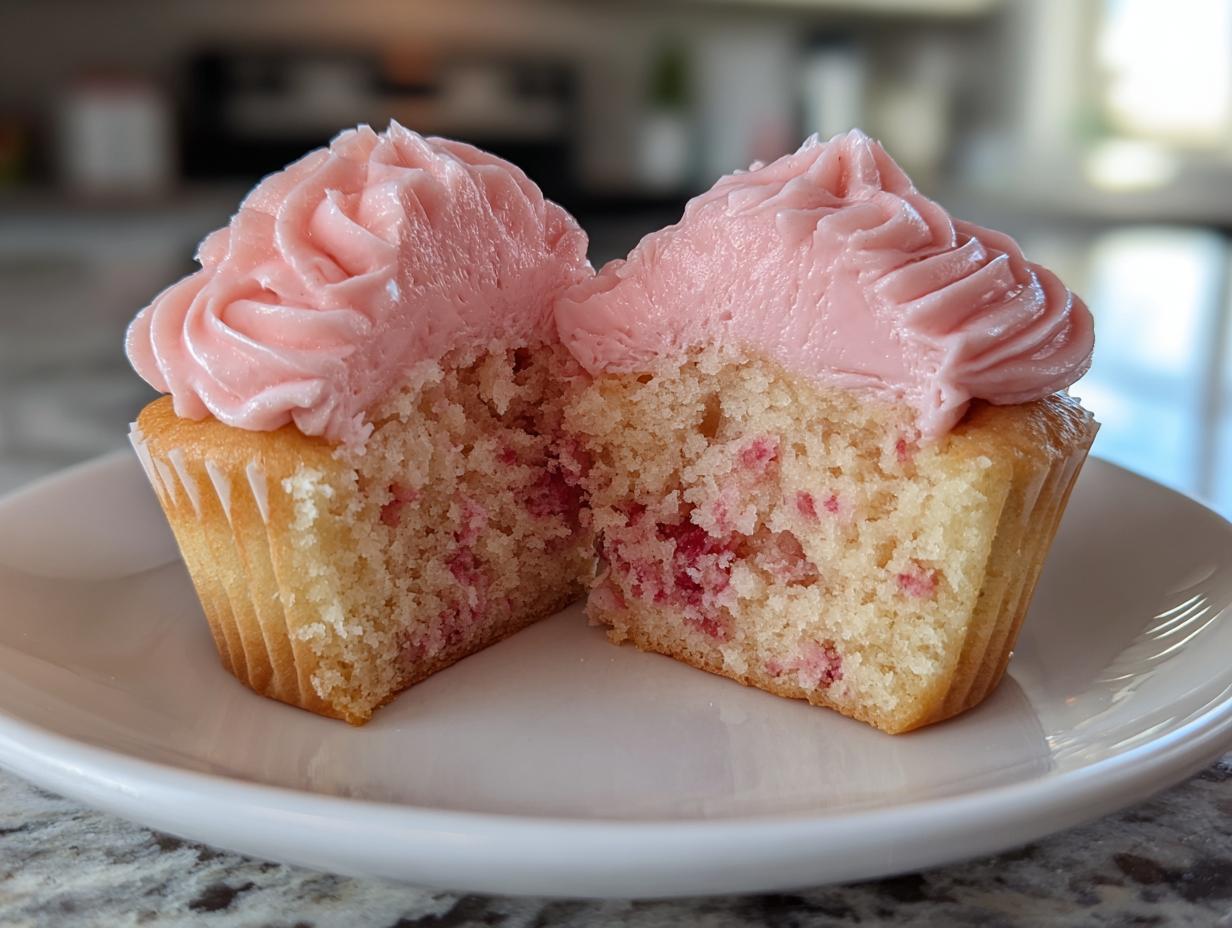 Close-up of a strawberry cupcake cut in half showing pink flecks inside and topped with pink frosting.