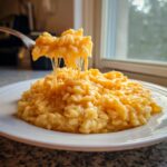 A fork lifts a portion of creamy, orange cheesy rice, showing long, satisfying cheese pulls.