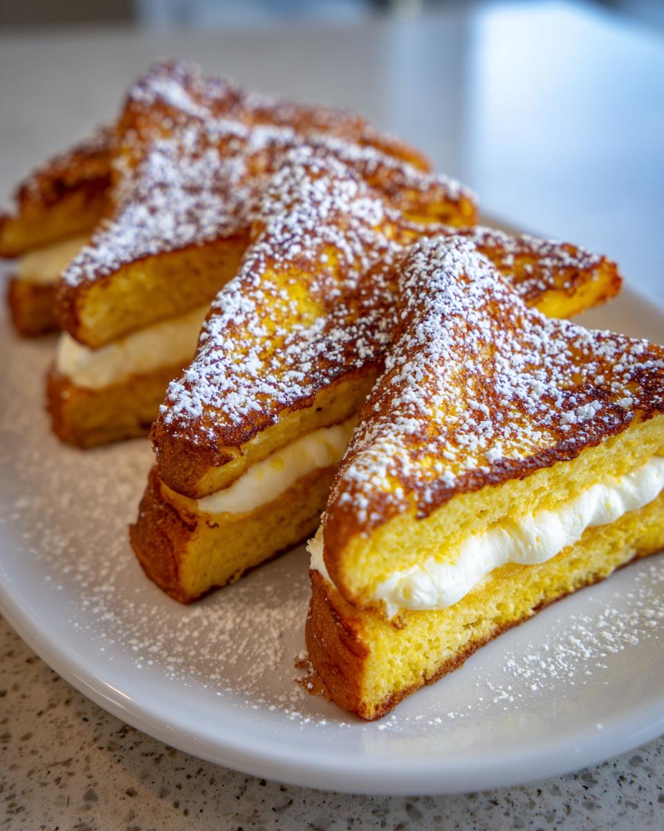 Four triangular slices of golden brown stuffed french toast filled with cream cheese and dusted heavily with powdered sugar.