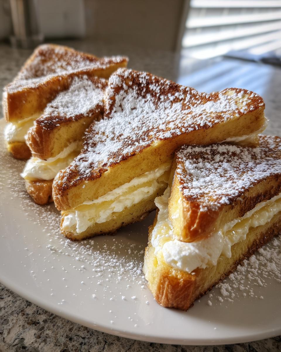 Four triangular slices of stuffed french toast filled with cream cheese and dusted heavily with powdered sugar.