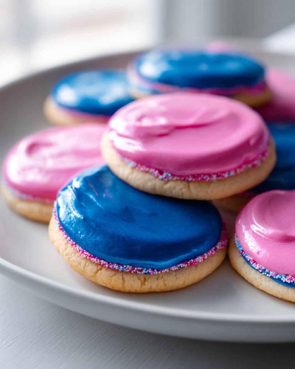 Close-up of sugar cookies topped with vibrant pink and blue sugar cookie icing that hardens, decorated with sprinkles.