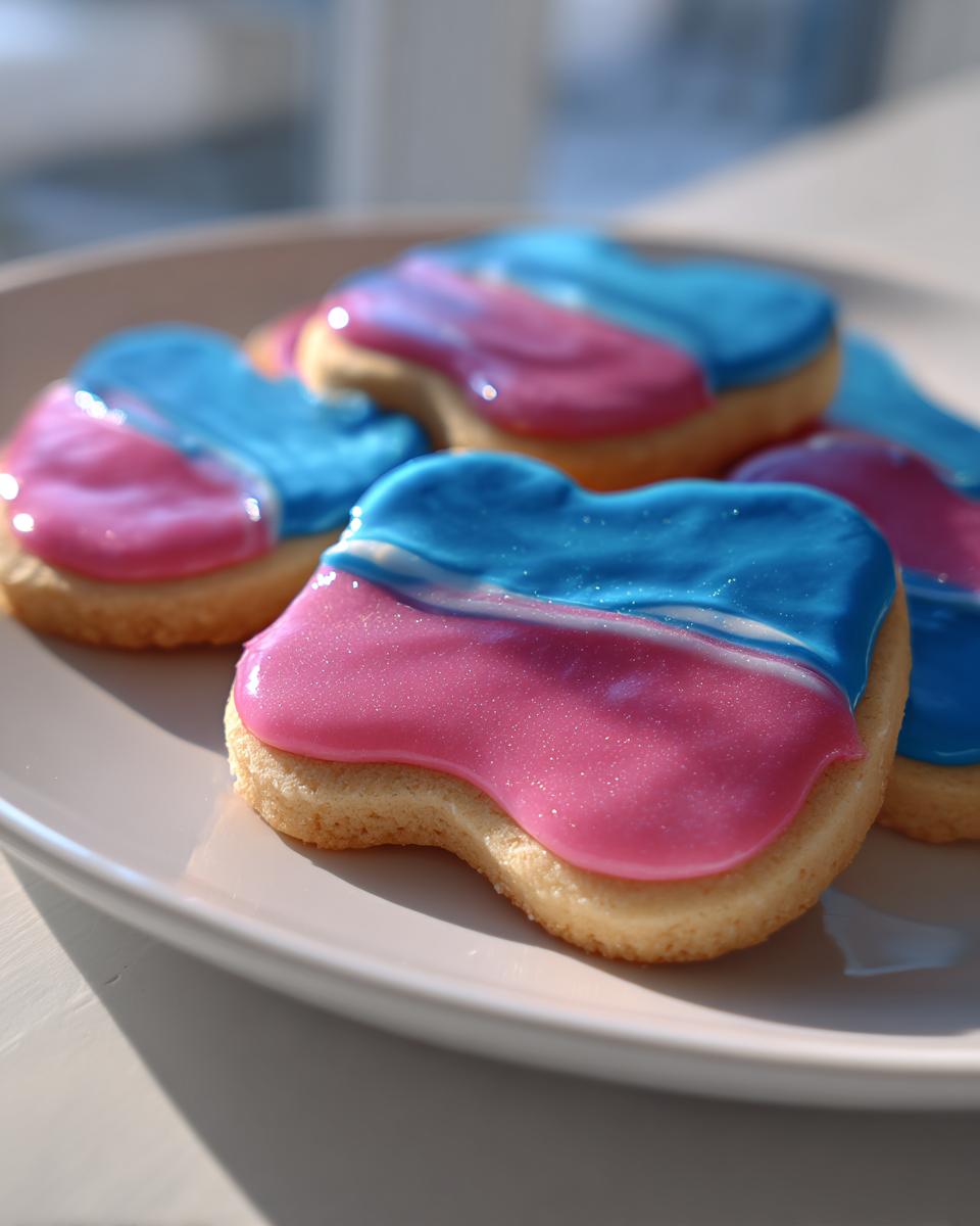 Close-up of heart-shaped sugar cookies topped with vibrant, shiny pink and blue sugar cookie icing that hardens.