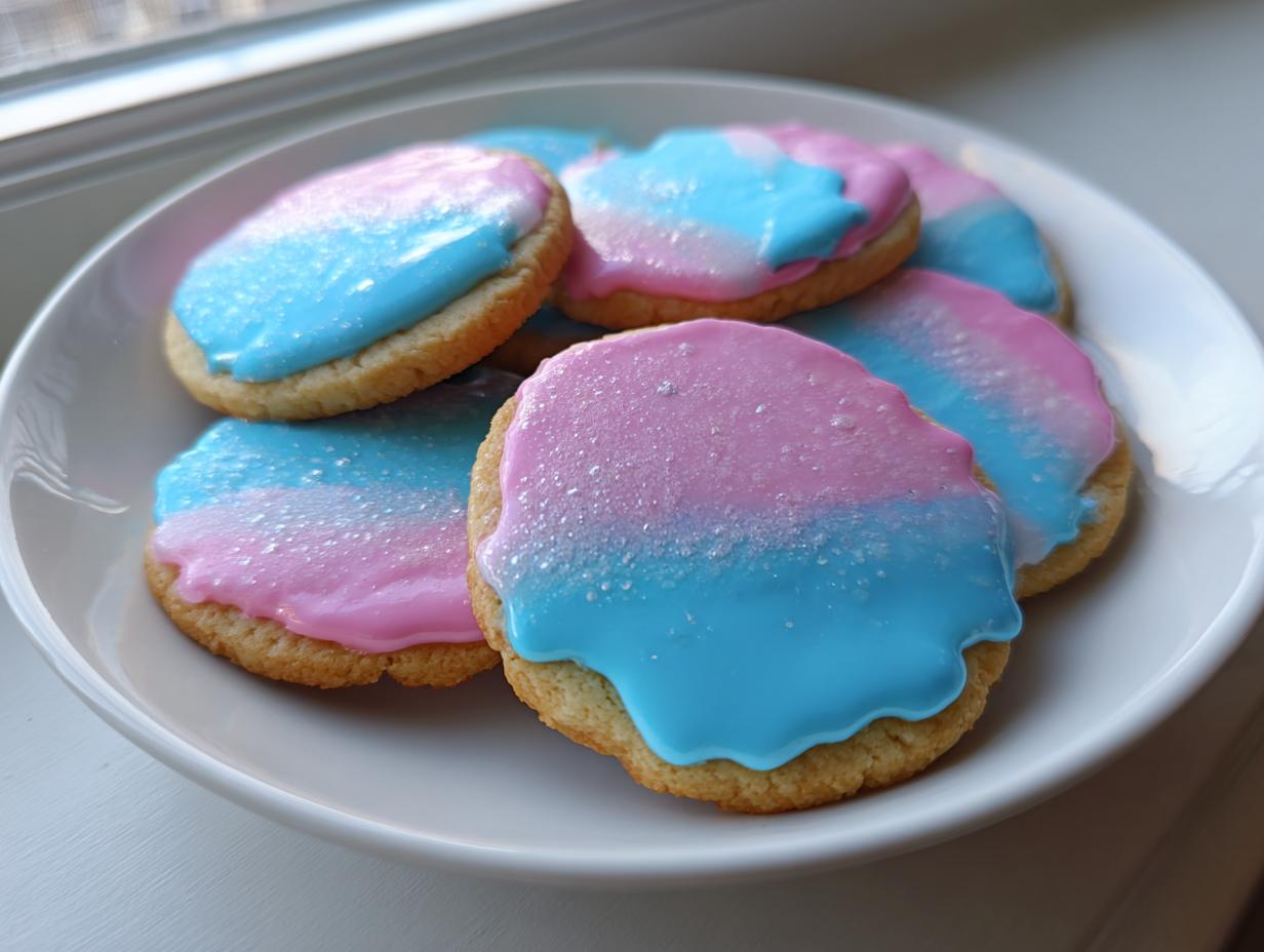Plate of sugar cookies topped with pink and blue sugar cookie icing that hardens, sprinkled with edible glitter.
