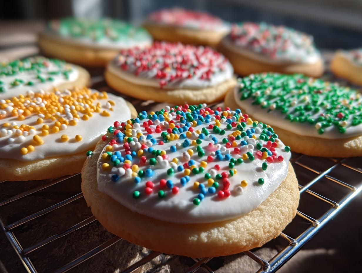 Close-up of sugar cookies cooling on a rack, topped with white frosting from a sugar cookie icing recipe and various colored sprinkles.
