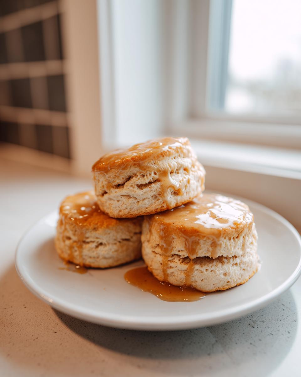 Three fluffy sweet potato biscuits stacked on a white plate, generously drizzled with a thick caramel glaze.