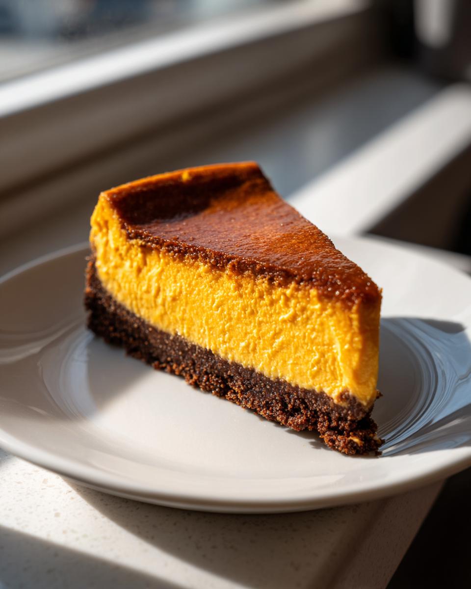 A single slice of vibrant orange sweet potato cheesecake with a dark chocolate crust on a white plate.