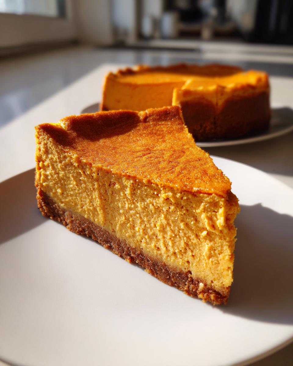A close-up of a rich, orange slice of sweet potato cheesecake with a dark crust on a white plate.