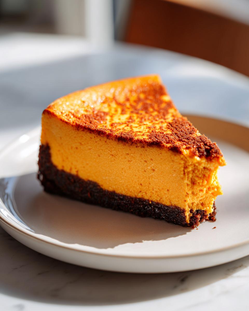 A close-up of a rich, orange slice of sweet potato cheesecake with a dark crust, served on a light plate.
