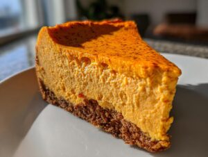 A close-up slice of vibrant orange sweet potato cheesecake with a dark graham cracker crust, sitting on a white plate.