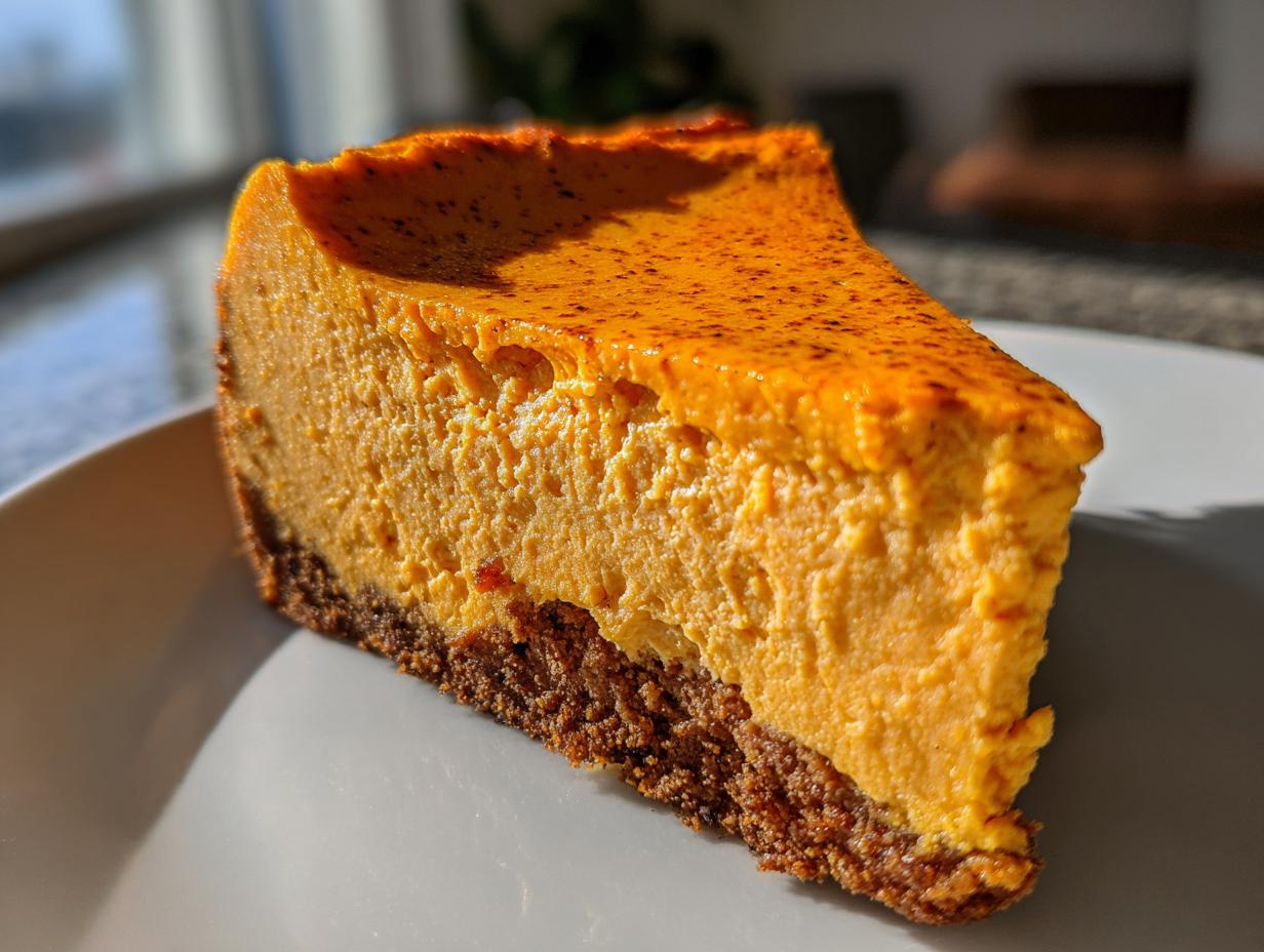 A close-up slice of vibrant orange sweet potato cheesecake with a dark graham cracker crust, sitting on a white plate.