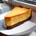 A rich, creamy slice of orange sweet potato cheesecake resting on a white plate near a window.