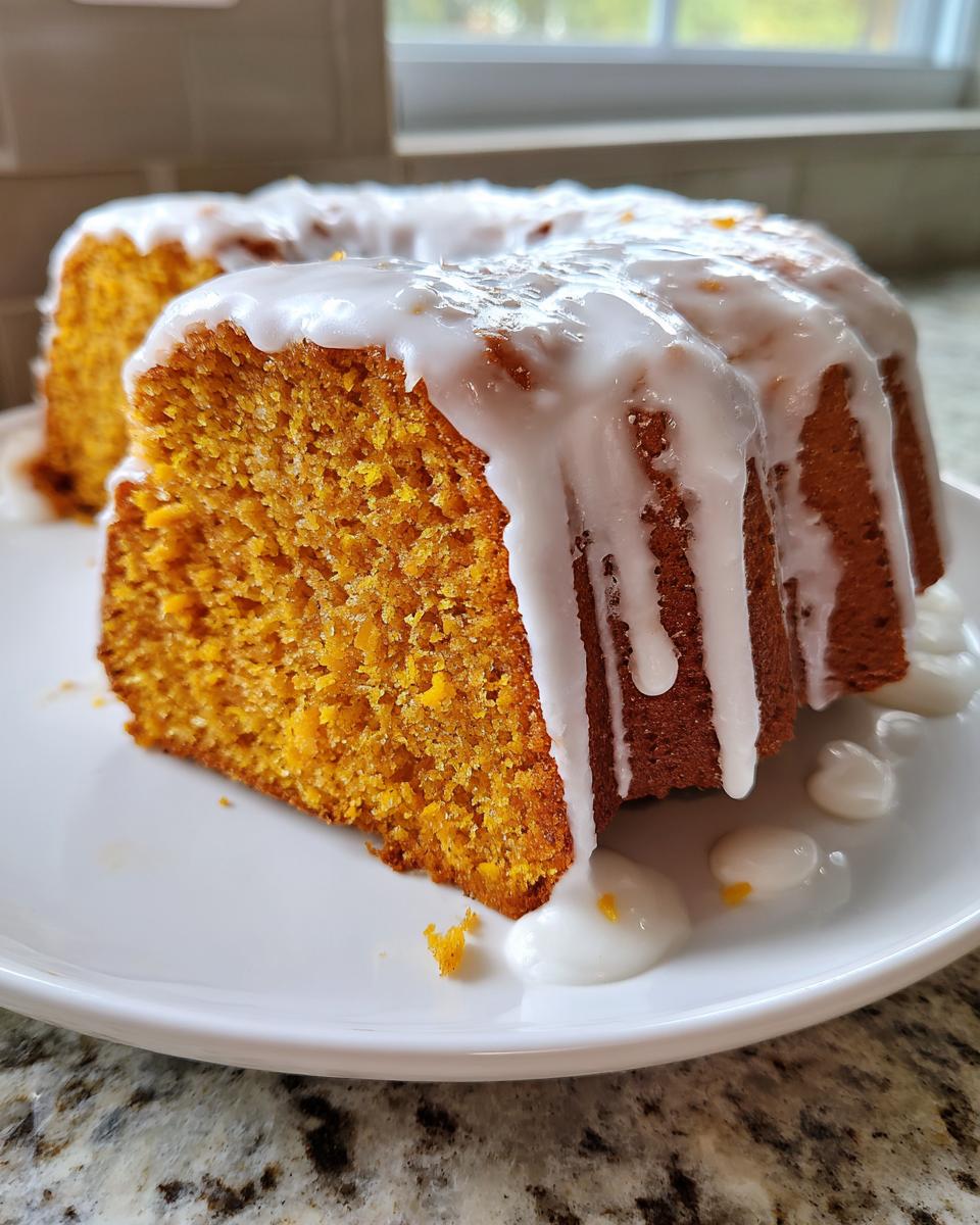 Close-up of a moist slice of orange sweet potato pound cake topped with thick white vanilla glaze.