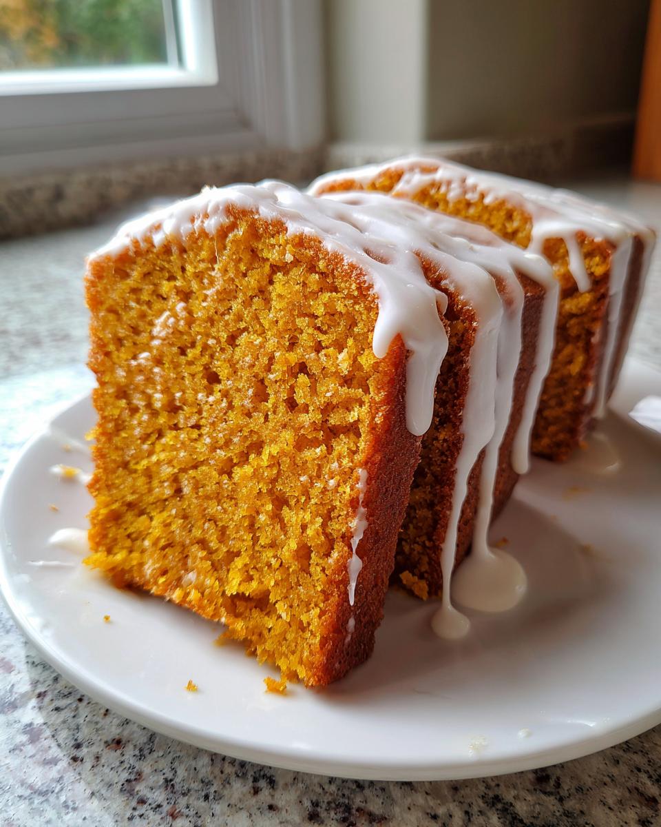 Two moist slices of bright orange sweet potato pound cake topped with a thick white vanilla glaze.