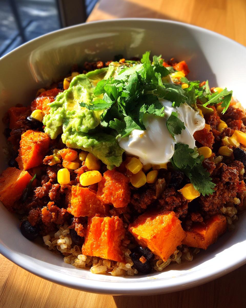 A close-up of a colorful sweet potato taco bowl featuring seasoned ground mixture, bright orange sweet potato chunks, corn, and topped with guacamole, sour cream, and cilantro.