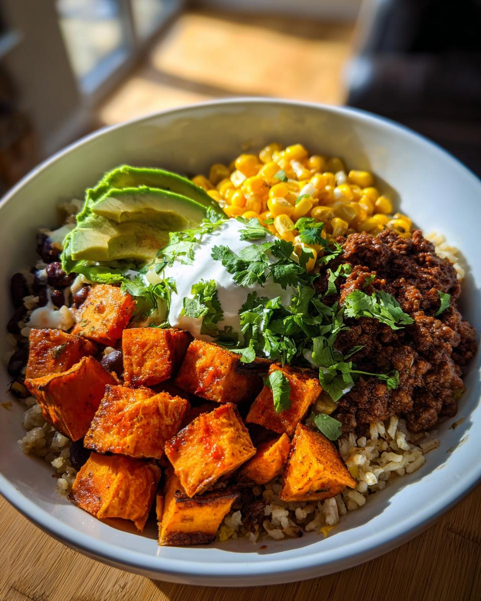 A vibrant sweet potato taco bowl featuring seasoned sweet potato cubes, ground meat, corn, avocado, and sour cream.