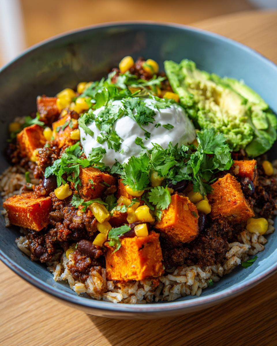 A close-up of a vibrant sweet potato taco bowl layered with rice, seasoned ground mixture, corn, sweet potato cubes, and topped with sour cream, avocado, and cilantro.