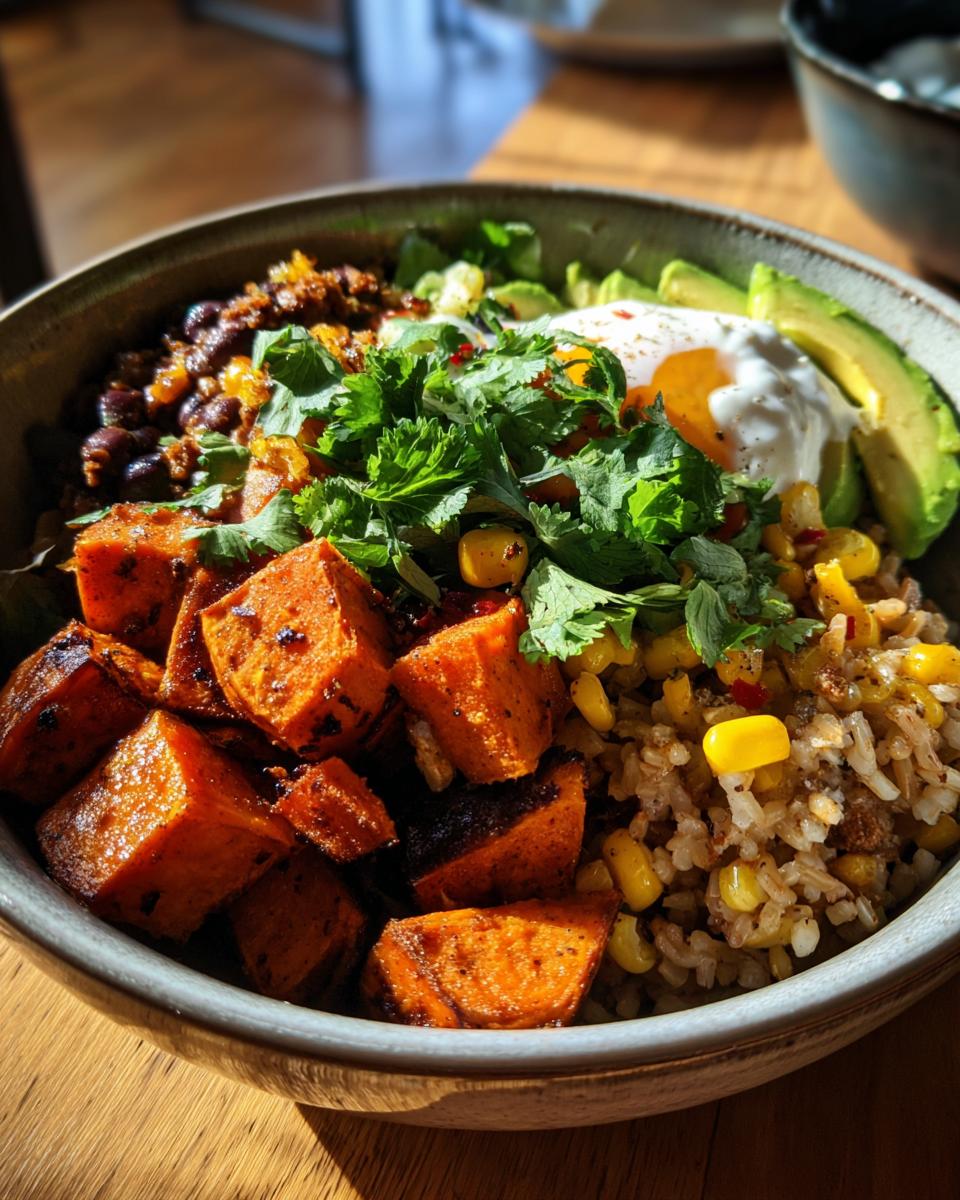 Close-up of a vibrant sweet potato taco bowl featuring roasted sweet potato cubes, rice, corn, black beans, avocado, and a fried egg.