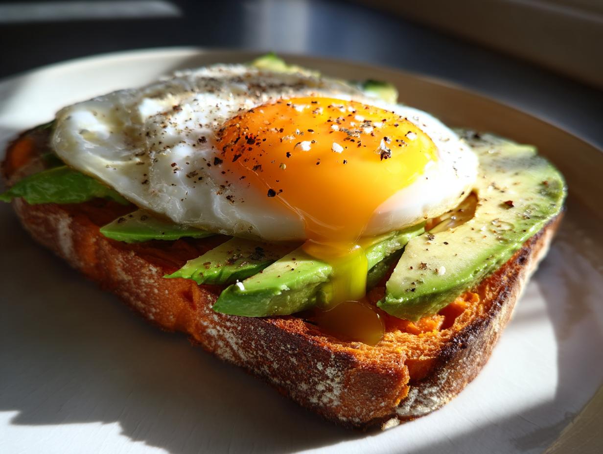 Close-up of a slice of sweet potato toast topped with avocado slices and a sunny-side-up egg, featuring a runny yolk.