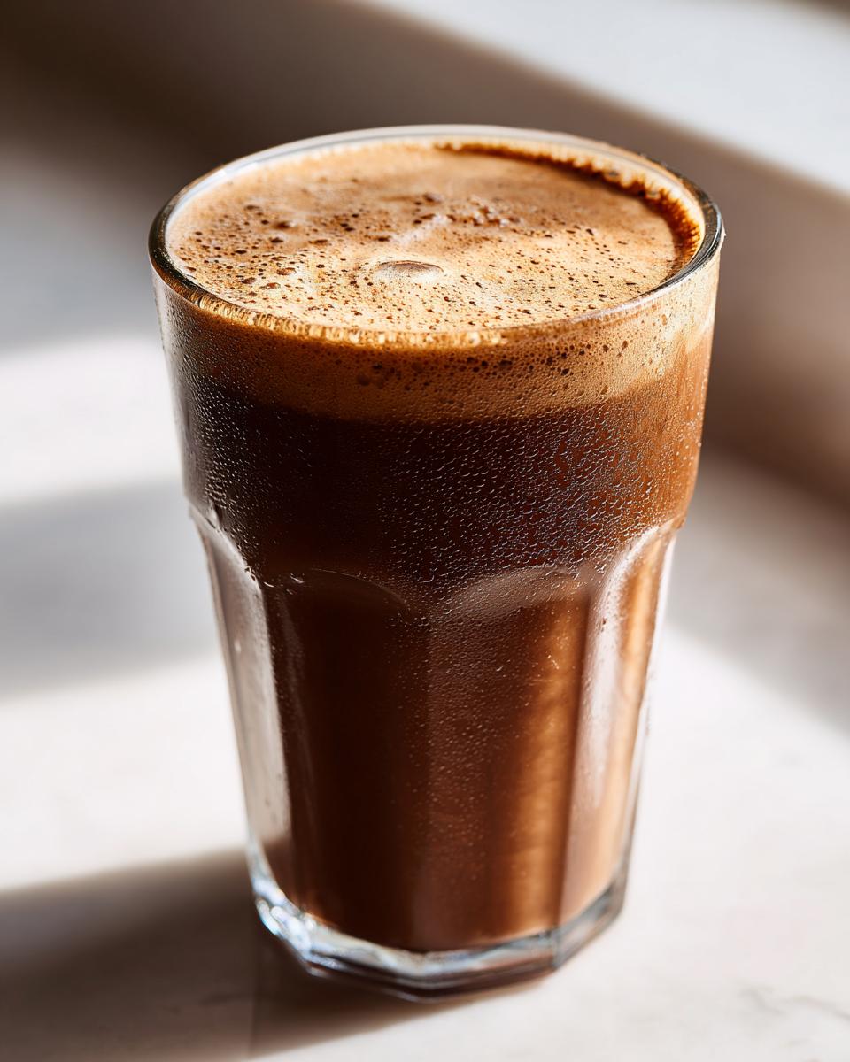 A tall, sweating glass filled with a dark brown, frothy Coffee Smoothie, catching bright sunlight.