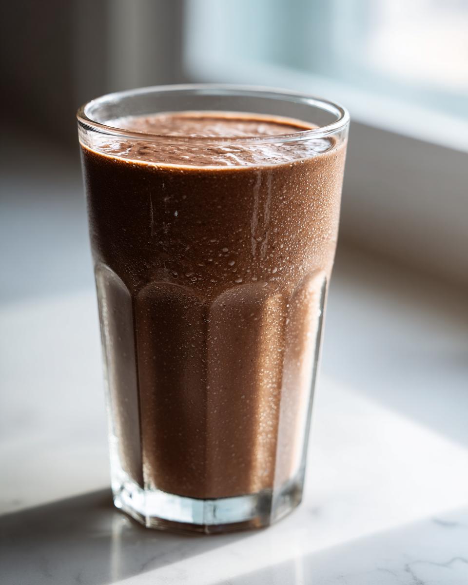 A tall glass filled with a thick, brown Coffee Smoothie, showing condensation droplets on the glass.