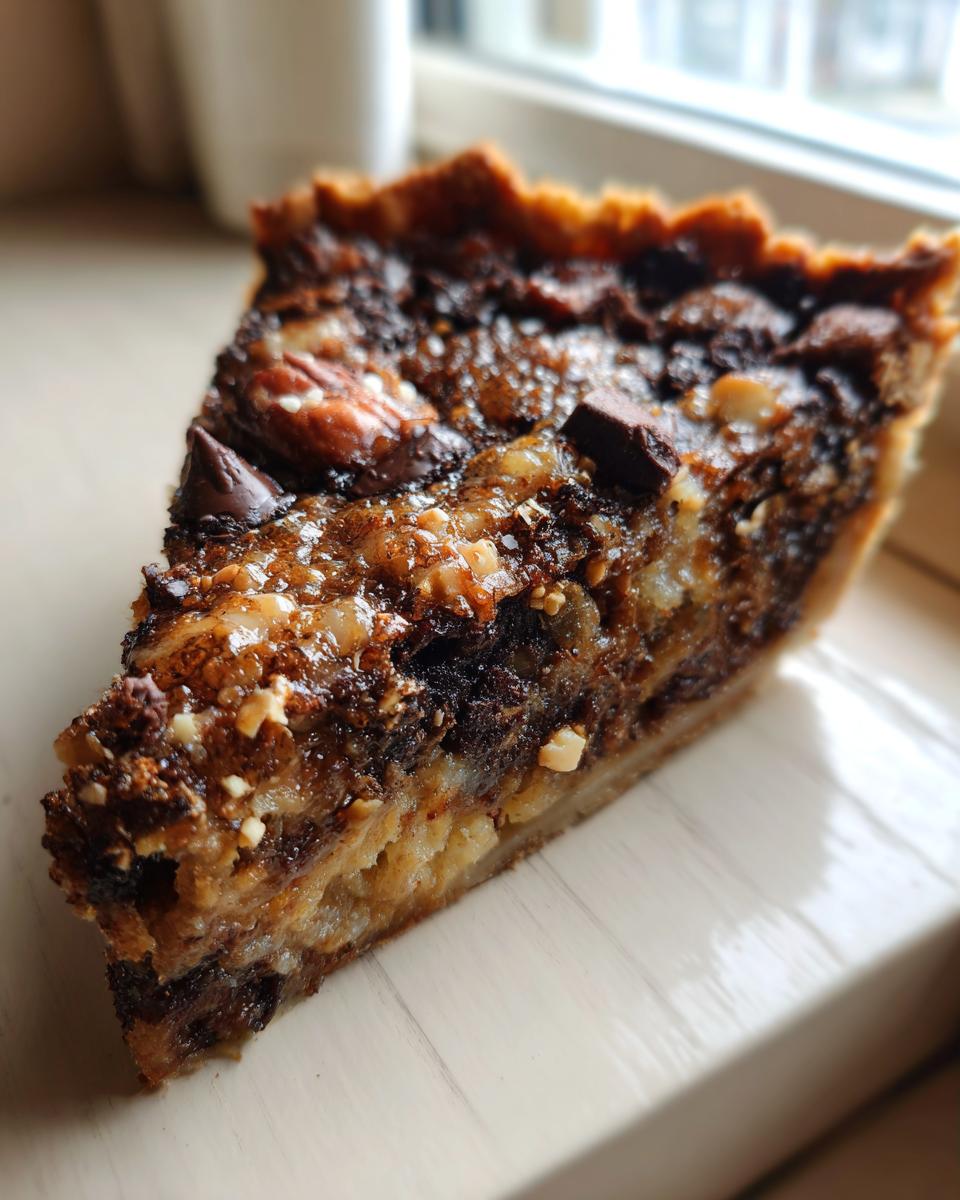 A close-up, angled view of a slice of texas trash pie showing the gooey filling, pecans, and chocolate chunks.