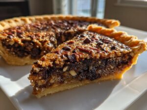 A close-up of a slice of rich, dark texas trash pie with a flaky crust and pecan topping, sitting on a white plate.
