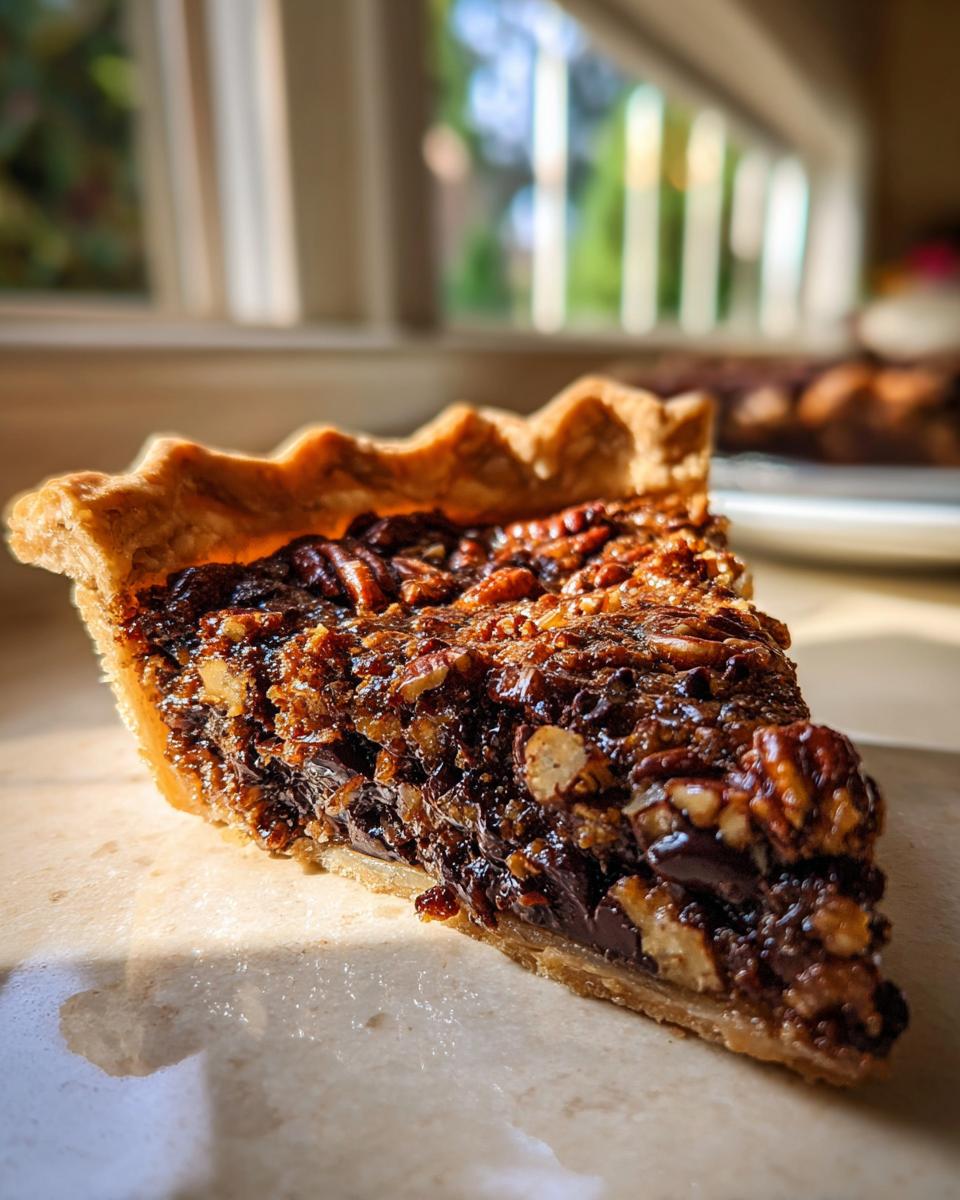 A close-up, sunlit slice of decadent texas trash pie showing a gooey filling loaded with pecans and chocolate chips.
