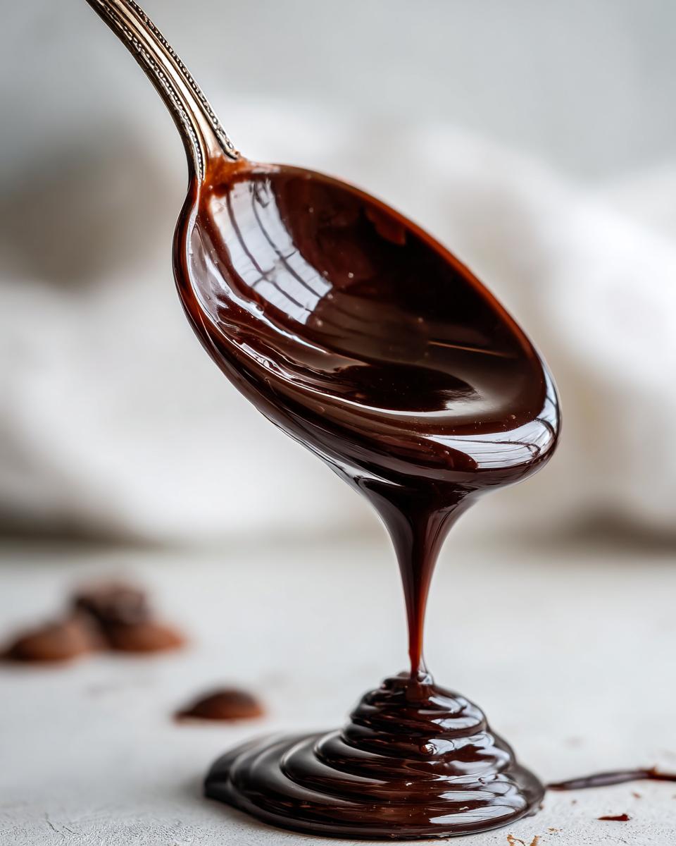Rich, glossy chocolate sauce recipe dripping from an ornate spoon onto a surface, forming swirls.