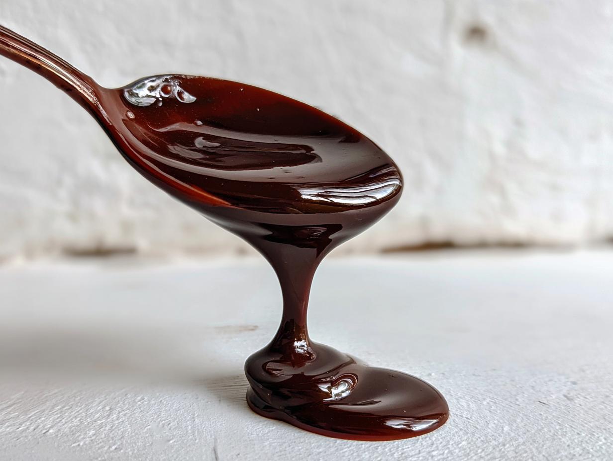 Close-up of thick, glossy dark chocolate sauce recipe dripping from a spoon onto a white surface.