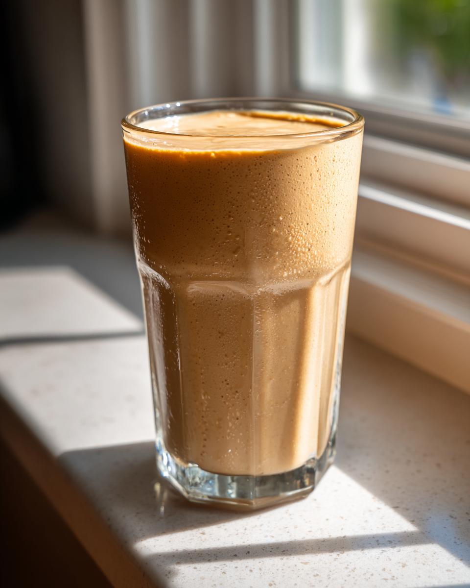 A tall glass filled with a thick, creamy peanut butter banana smoothie sitting on a sunlit windowsill.