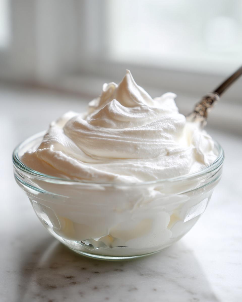 A glass bowl filled with thick, stiffly peaked white icing, likely for a royal icing recipe, with a spoon resting in it.
