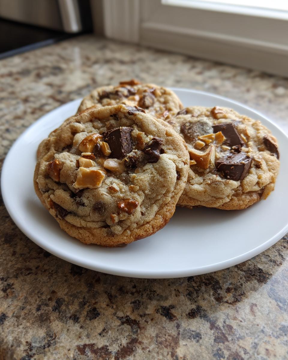 Three freshly baked kitchen sink cookies loaded with chocolate chunks and toffee pieces, resting on a white plate.