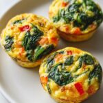 Three perfectly baked spinach and pepper egg muffin cups resting on a light gray plate.