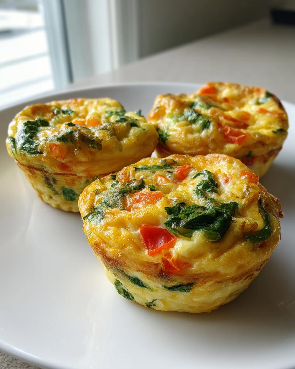 Three freshly baked vegetable egg muffin portions with visible spinach and red peppers on a white plate.