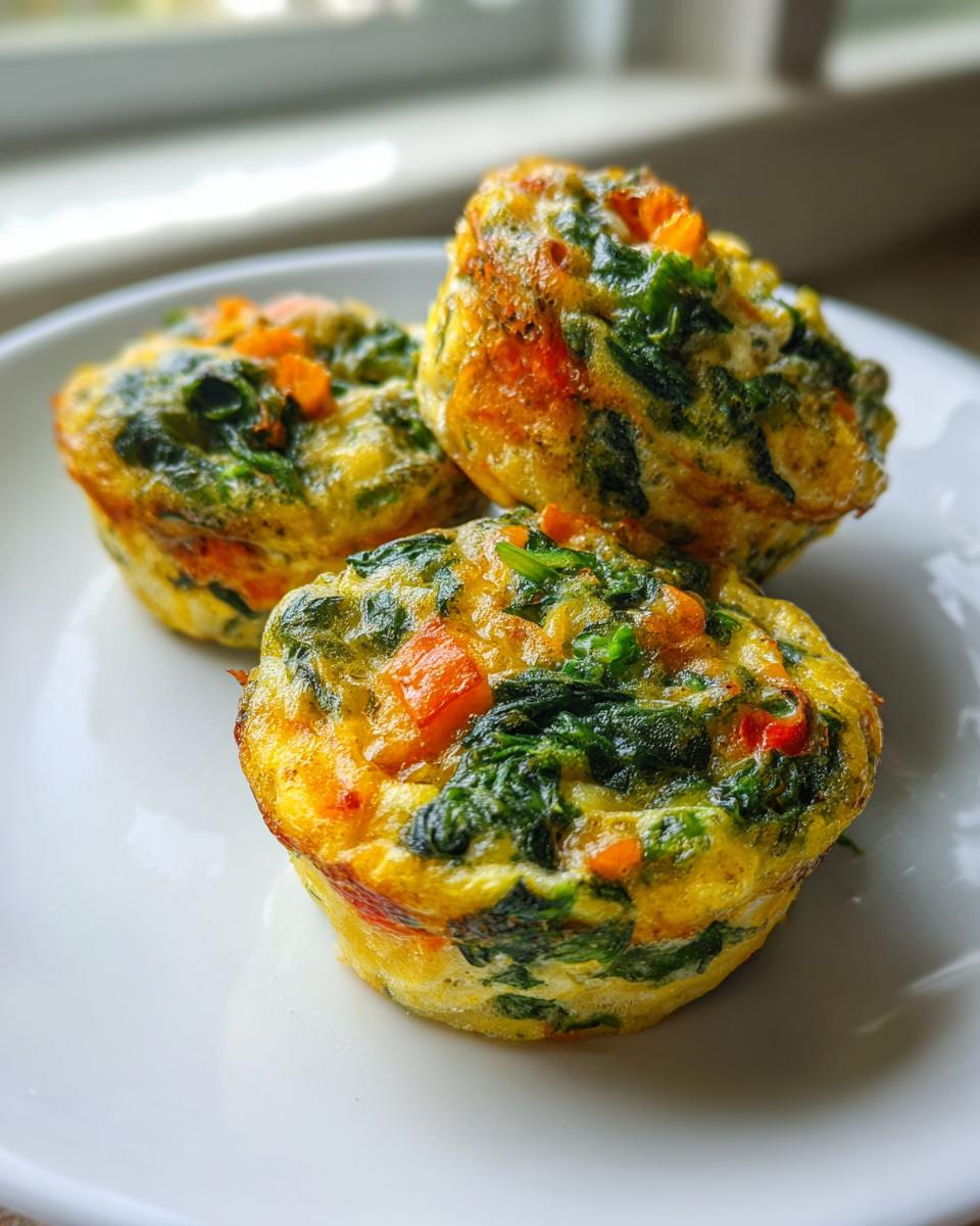 Three freshly baked spinach and vegetable egg muffin portions resting on a white plate.