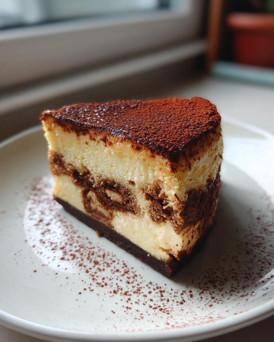 A rich slice of tiramisu cheesecake with layers of cream and coffee-soaked cake, dusted heavily with cocoa powder.