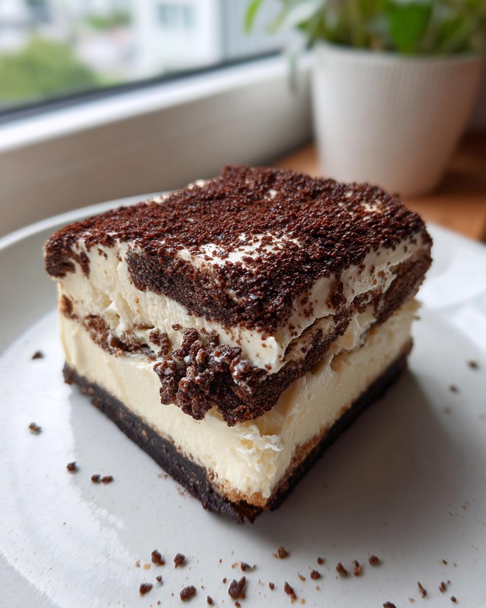 A perfect square slice of tiramisu cheesecake with creamy layers and a dark cocoa topping on a white plate.