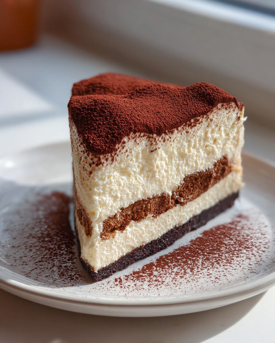 A perfect slice of tiramisu cheesecake featuring layers of cream, coffee-soaked cake, and a dark crust, dusted heavily with cocoa powder.