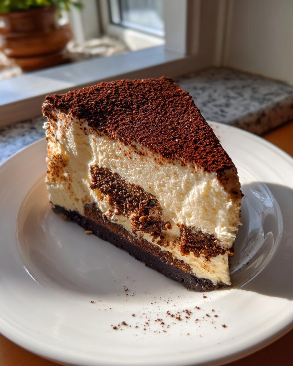 A single, rich slice of tiramisu cheesecake with a creamy white layer and dark chocolate cookie base, dusted heavily with cocoa powder.