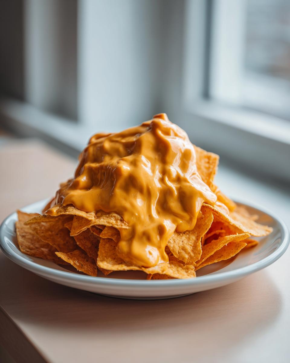 A mound of tortilla chips generously topped with smooth, bright orange nacho cheese sauce on a white plate.