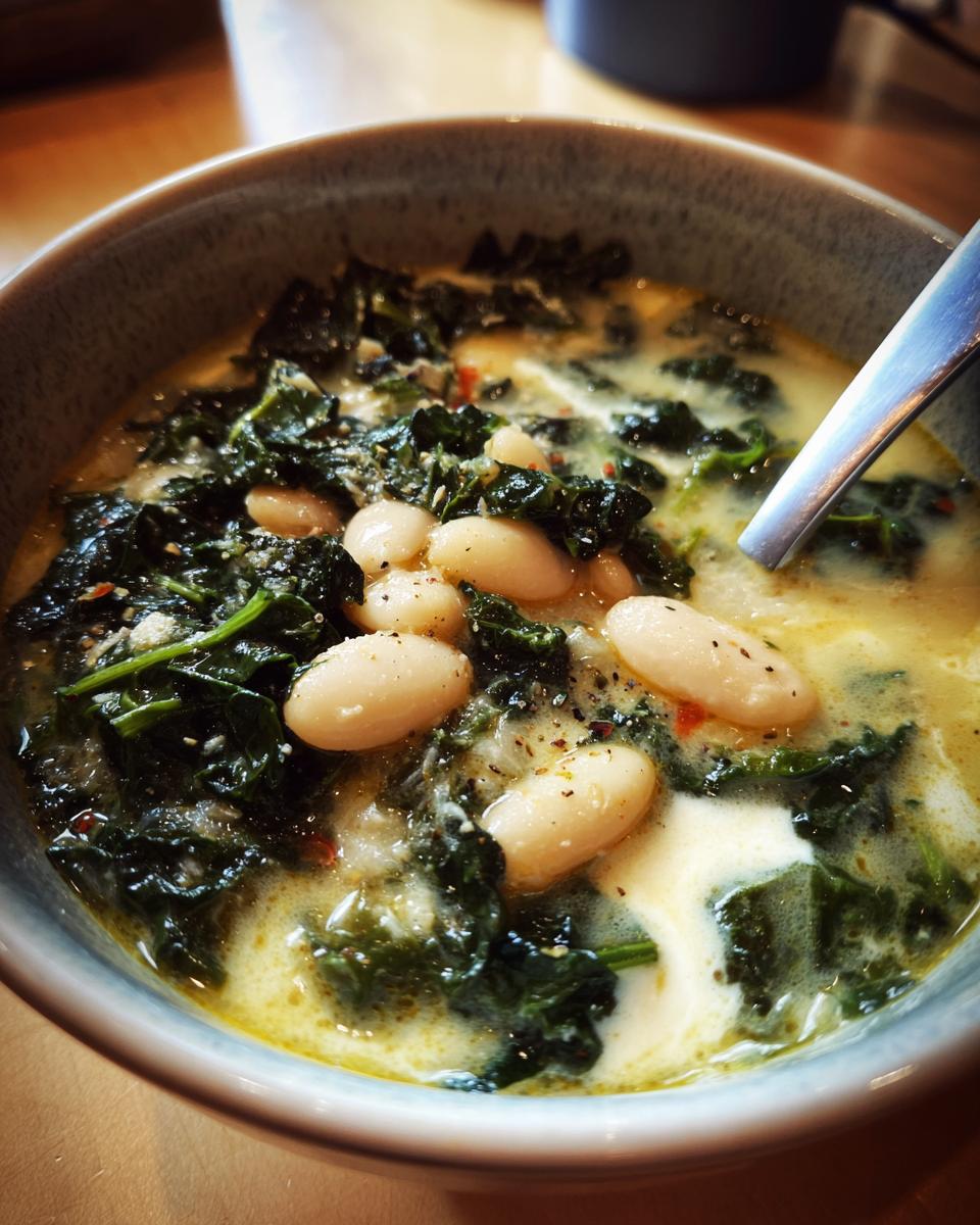 A close-up view of a bowl of creamy tuscan white bean soup, featuring white cannellini beans and dark green kale.