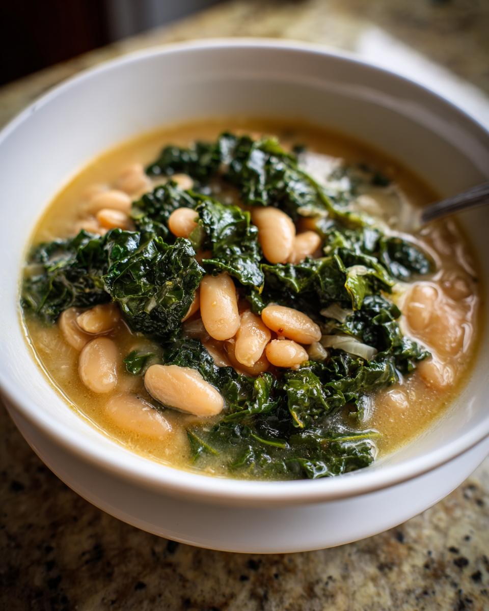 Close-up of a white bowl filled with creamy tuscan white bean soup topped generously with dark green kale.