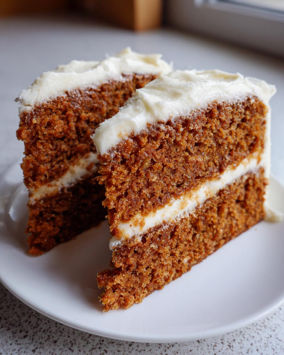 Two moist slices of brown spice cake layered with thick white cream cheese frosting on a white plate.