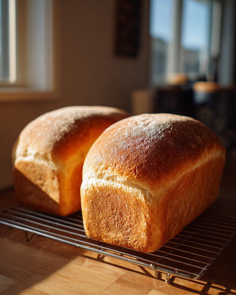 Two golden-brown loaves of homemade whole wheat bread cooling on a wire rack in warm sunlight.