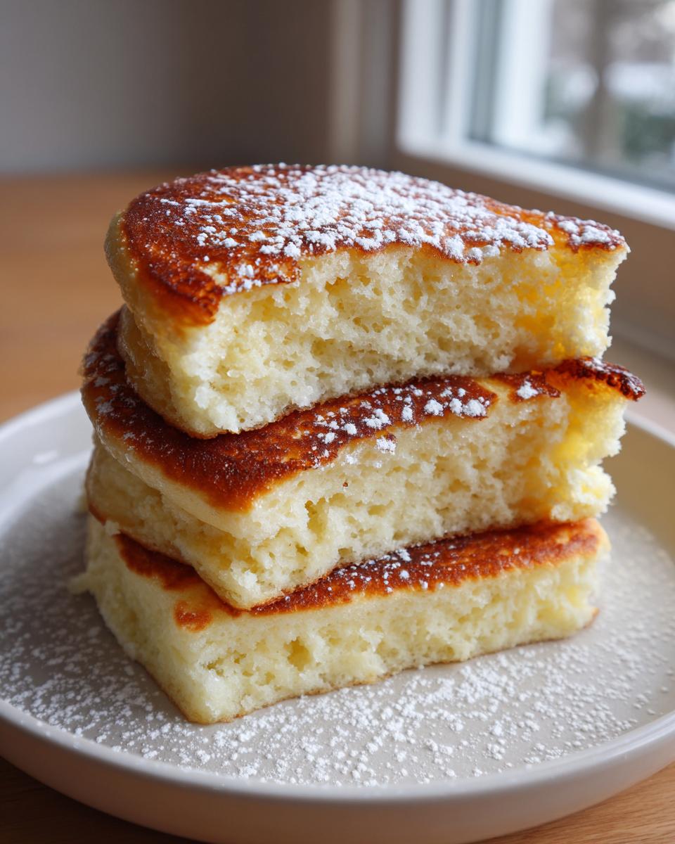 A stack of three thick, fluffy pancakes cut in half, showing the airy texture, dusted with powdered sugar.