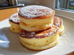 Close-up of a stack of three incredibly fluffy pancakes dusted generously with powdered sugar.