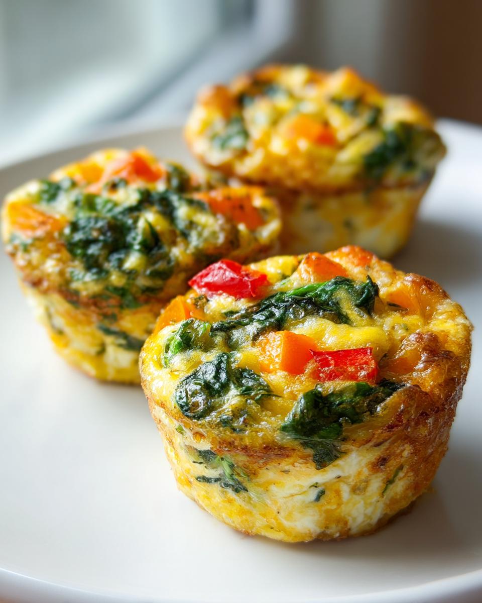 Three freshly baked vegetable egg muffin cups filled with spinach and red/orange peppers on a white plate.