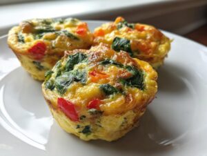 Three freshly baked vegetable egg muffin cups filled with spinach and red pepper on a white plate.